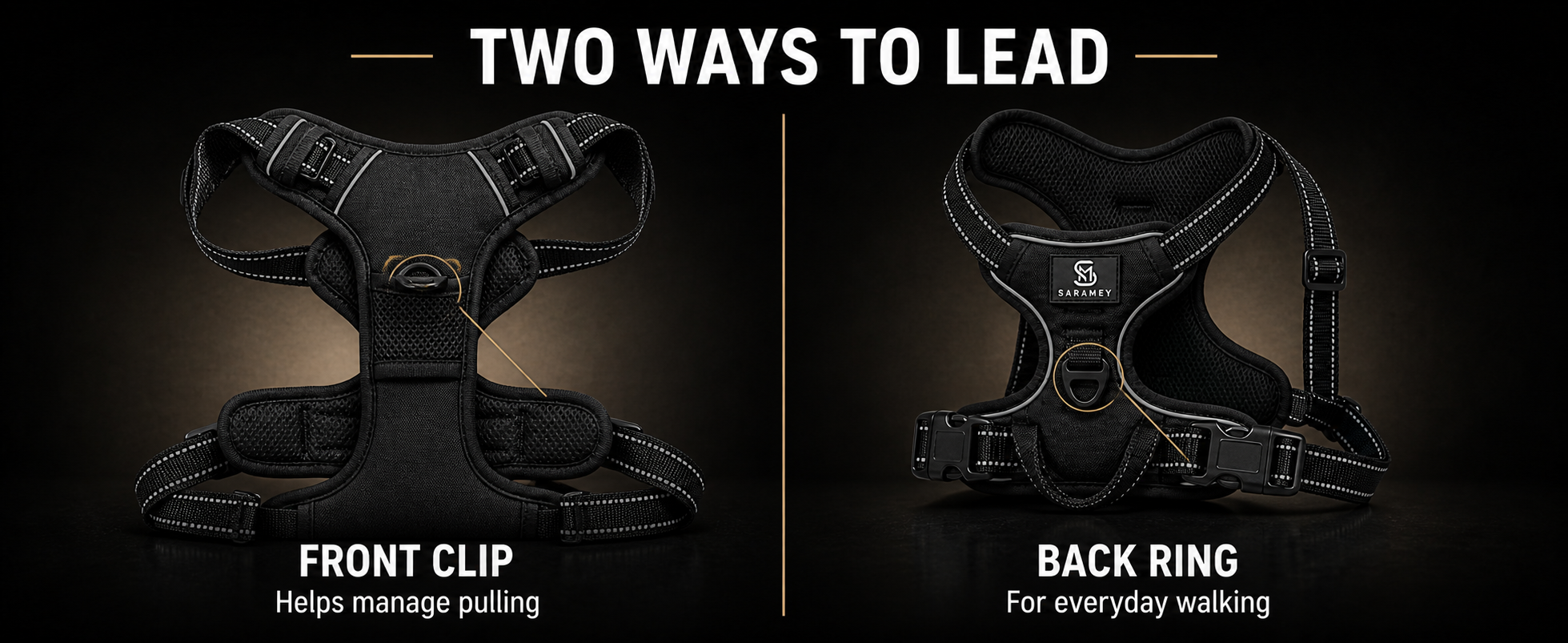 Front clip and back ring leash connection options on the black SARAMEY Everyday Harness