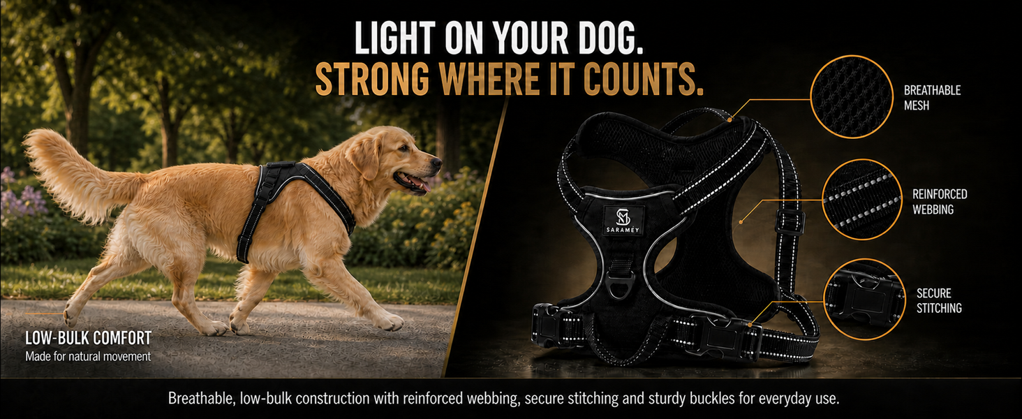 Golden Retriever wearing the lightweight SARAMEY harness beside close views of breathable mesh, reinforced webbing, and secure stitching