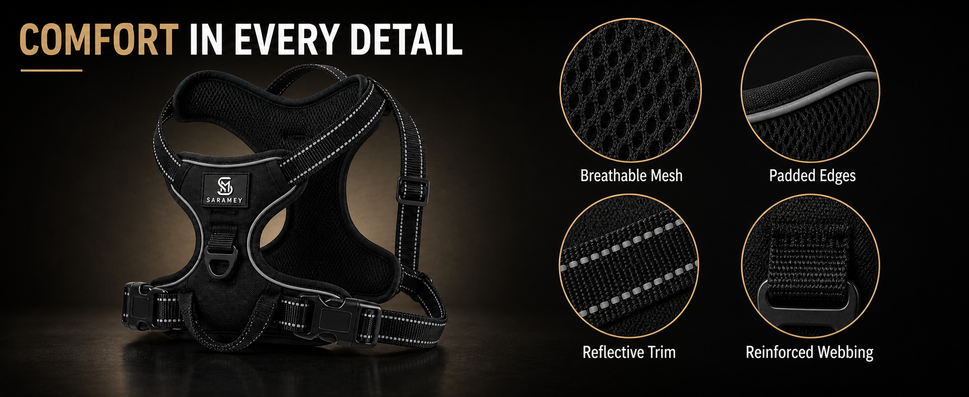 Close-up product details showing breathable mesh, padded edges, reflective trim, and reinforced webbing