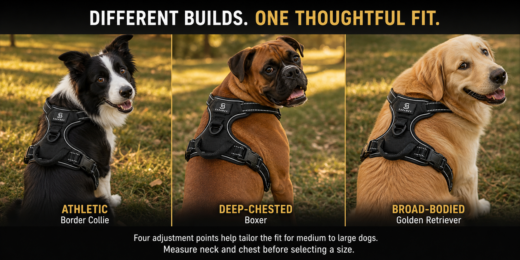 Border Collie, Boxer, and Golden Retriever wearing the adjustable SARAMEY Everyday Harness