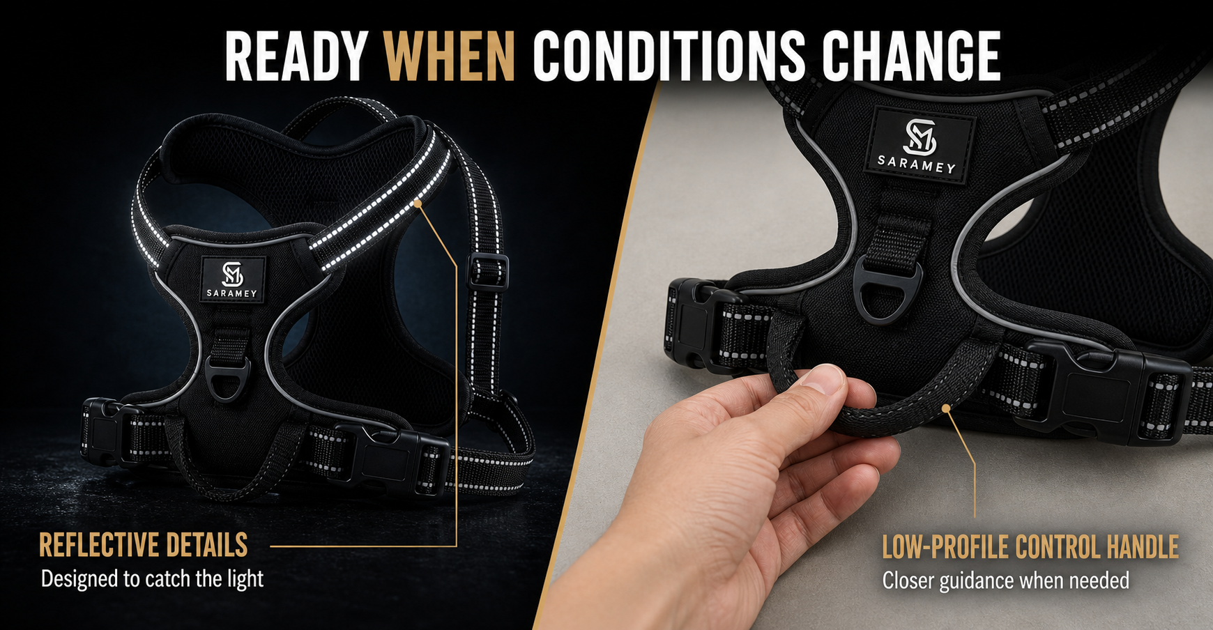 Reflective details and low-profile control handle on the black SARAMEY Everyday Harness
