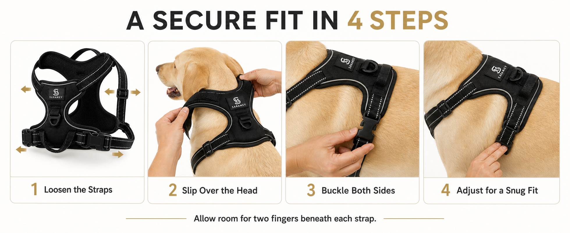 Four-step visual guide for loosening, fitting, buckling, and adjusting the SARAMEY Everyday Harness
