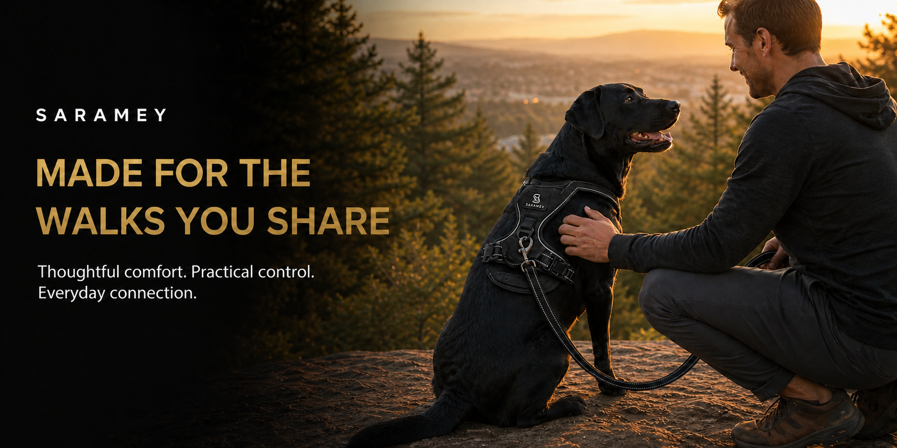Owner sharing a quiet outdoor moment with a black dog wearing the SARAMEY Everyday Harness